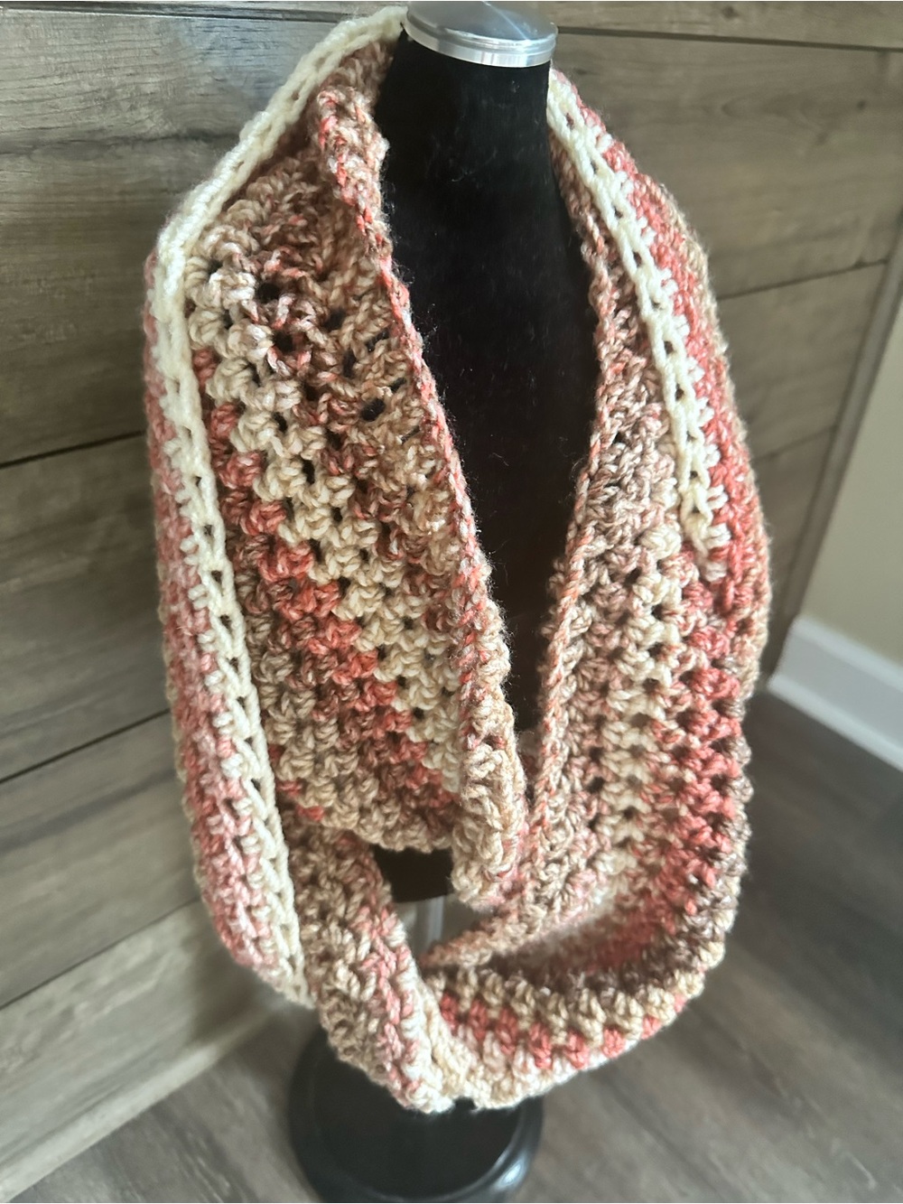 Handmade Crochet Infinity Scarf in Cream, Tan and Pink